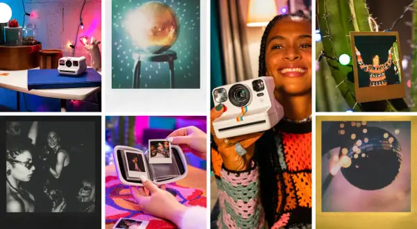 Kolaż zdjęć z aparatem Polaroid, zdjęciami i dyskotekową kulą.