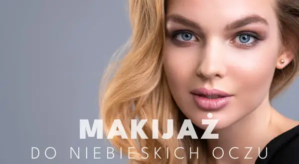 Niebieskie oczy modelki podkreślone subtelnym makijażem wieczorowym. Delikatne cienie i róż na ustach.