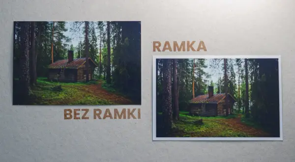 Dwa zdjęcia leśnej chatki: jedno bez ramki, drugie w ramce. Najmniejszy format zdjęć podkreśla urok leśnej scenerii.