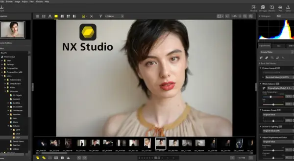 Portret kobiety w programie NX Studio po polsku. Widok folderów, podgląd zdjęcia i panele edycji.