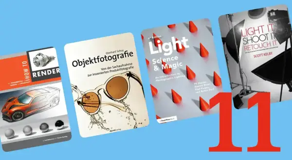 Książki o fotografii produktowej i oświetleniu: "How to Render", "Objektfotografie", "Light Science & Magic", "Light It Shoot It Retouch It". To świetne materiały do stackowania zdjęć.