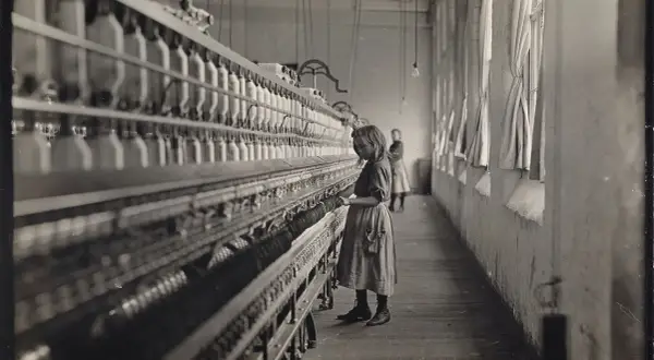 Dziewczynka pracuje przy maszynie w fabryce, jak na zdjęciach Lewis Hine. W tle widać inną pracownicę.