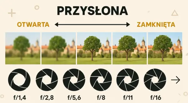 Przysłona a głębia ostrości: od otwartej (rozmyte tło) do zamkniętej (ostre tło).