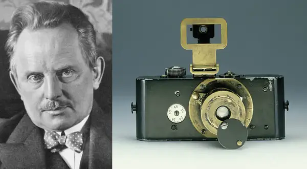 Portret Oskara Barnacka obok jego wynalazku – prototypu aparatu Leica, który zrewolucjonizował fotografię.