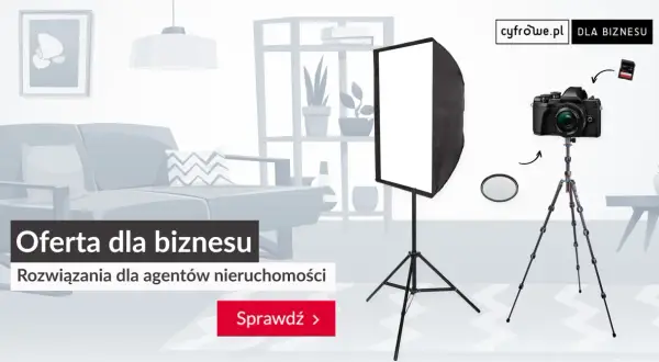 Profesjonalny obiektyw do wnętrz, aparat na statywie i lampa studyjna. Idealne narzędzia dla agentów nieruchomości.