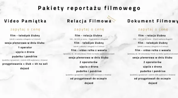 Pakiety reportażu filmowego: Video Pamiątka, Relacja Filmowa, Dokument Filmowy. Sprawdź cennik fotografa i wybierz idealny pakiet na swoje wesele.