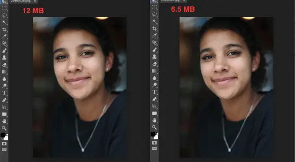 Portret wielokrotny młodej kobiety z uśmiechem, porównanie dwóch wersji zdjęcia: 12 MB i 6.5 MB.