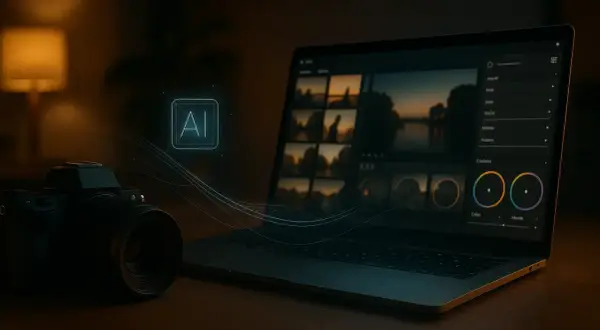 Jaki komputer do obróbki zdjęć? Laptop z programem graficznym, aparat i ikona AI sugerują nowoczesne narzędzia do edycji.