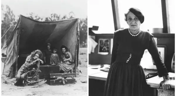 Dwie fotografie Dorothea Lange: z lewej rodzina pod namiotem, z prawej ona sama w eleganckiej sukni i beretce.