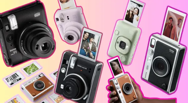 Kolekcja aparatów natychmiastowych marki japońskiego aparatu fotograficznego Fujifilm Instax, w różnych kolorach i modelach, z wydrukowanymi zdjęciami.