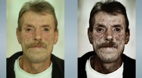 Portret mężczyzny z widocznym efektem Dragan w fotografii, podkreślającym rysy twarzy i dodającym dramatyzmu.