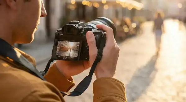 Mężczyzna z aparatem DSLR, który właśnie robi zdjęcie ulicy w złotym świetle.