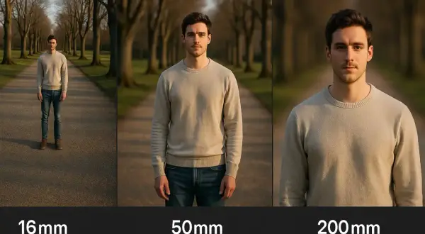 Porównanie ogniskowej obiektywu: mężczyzna na tle alei drzew przy 16mm, 50mm i 200mm.