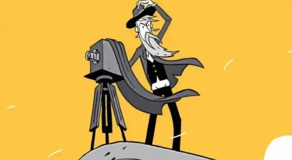 Eadweard Muybridge, z brodą i kapeluszem, z aparatem na statywie, uchwycił ruch.