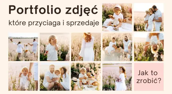 Portfolio zdjęć rodzinnych w plenerze. Uśmiechnięte dzieci i rodzice w białych strojach na tle kwitnącej łąki.