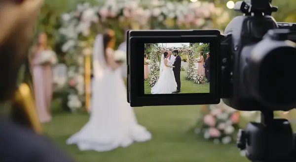 Kamera rejestruje ślubną ceremonię. Na ekranie widać parę młodą, a w tle kwiecisty łuk. To piękne plany w fotografii.