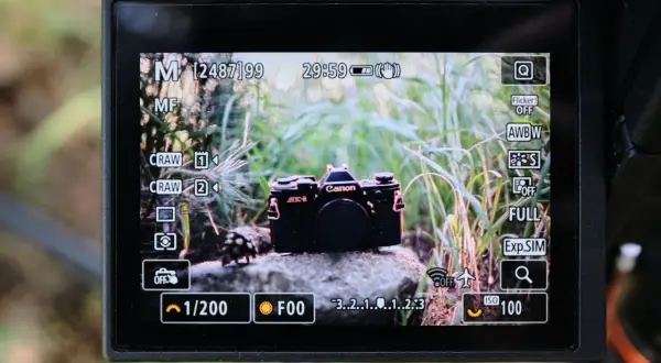 Wyświetlacz aparatu z widokiem na czarny Canon AE-1. Ustawienia aparatu, w tym matryca 1 cal, wskazują na gotowość do fotografowania.