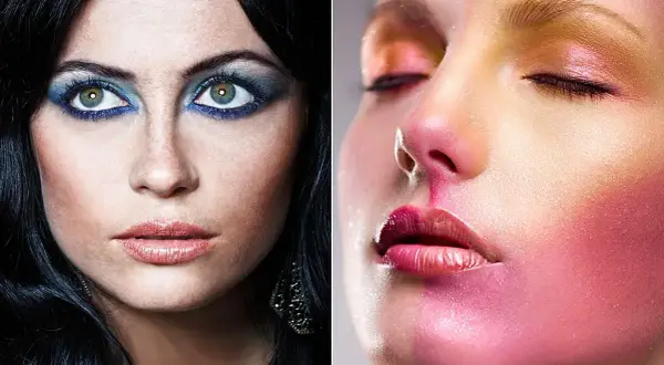 Dwie twarze w artystycznym makijażu. Jedna z intensywnym niebieskim okiem, druga z różowo-złotym blaskiem. Fotografia beauty.