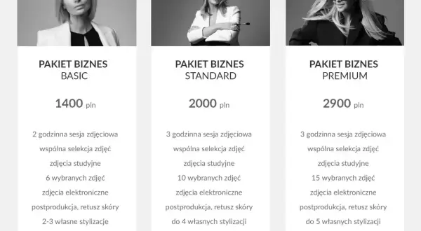Ile kosztuje sesja zdjęciowa? Pakiety Basic (1400 zł), Standard (2000 zł) i Premium (2900 zł) oferują różne opcje sesji biznesowych.