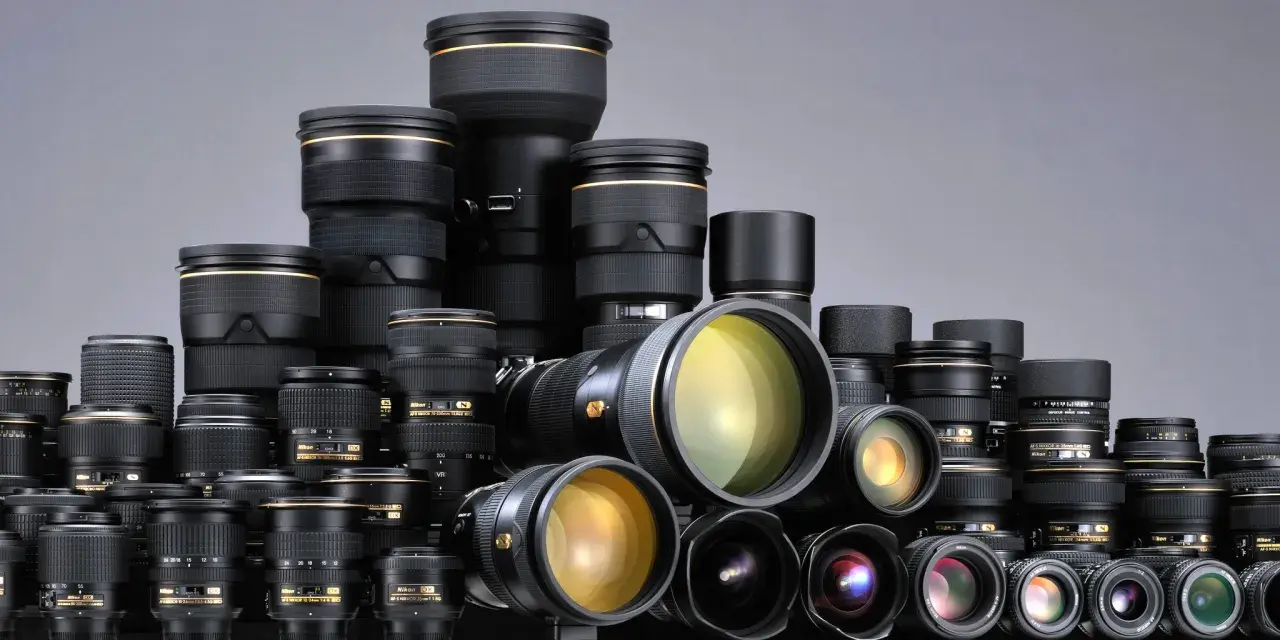 Kolekcja obiektywów Nikon, w tym teleobiektyw 300mm, pokazuje imponujące możliwości przybliżenia.