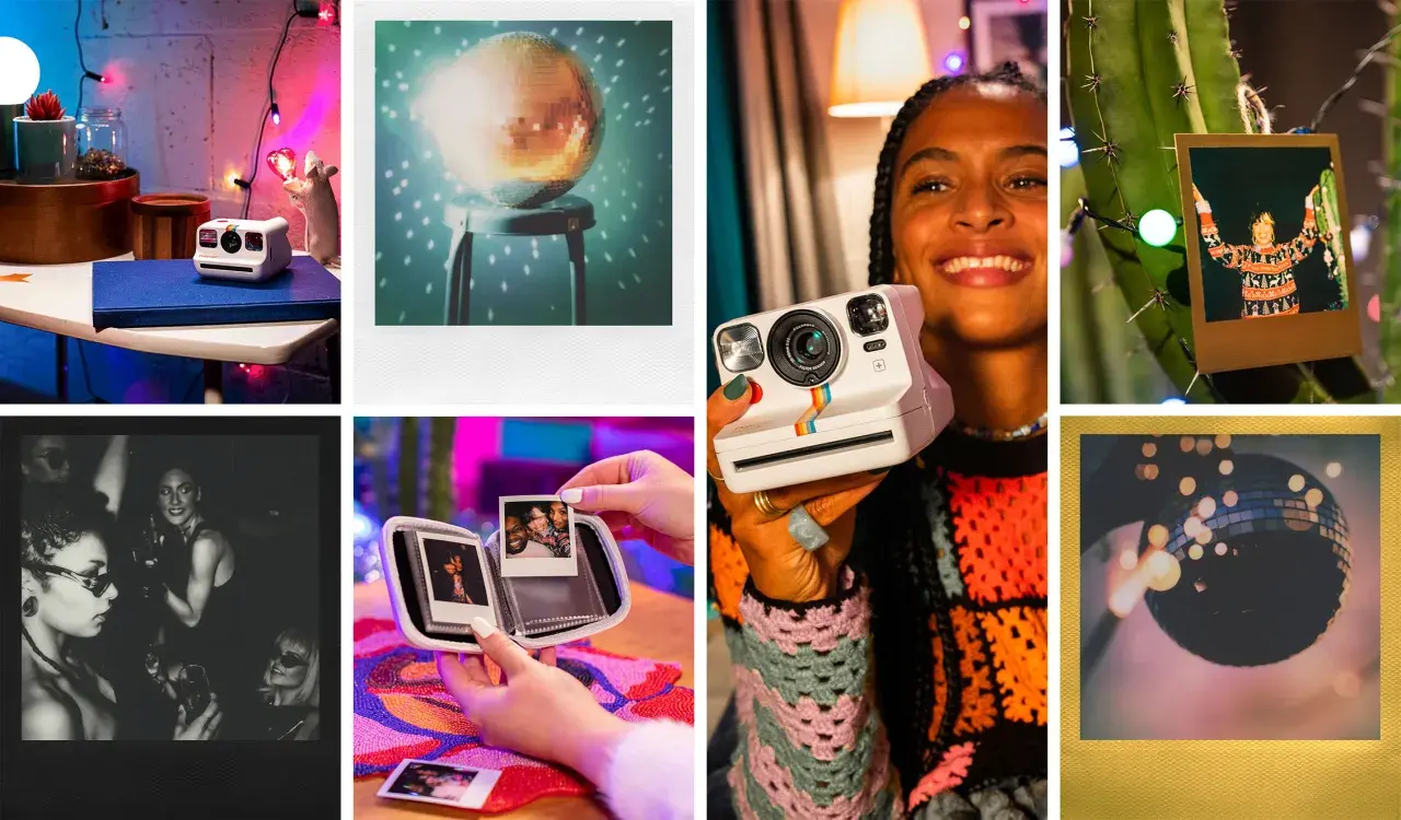 Kolaż zdjęć z aparatem Polaroid, zdjęciami i dyskotekową kulą.