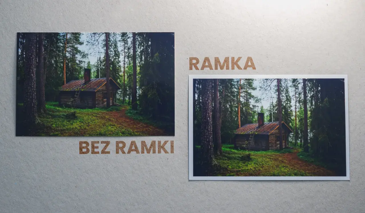 Dwa zdjęcia leśnej chatki: jedno bez ramki, drugie w ramce. Najmniejszy format zdjęć podkreśla urok leśnej scenerii.