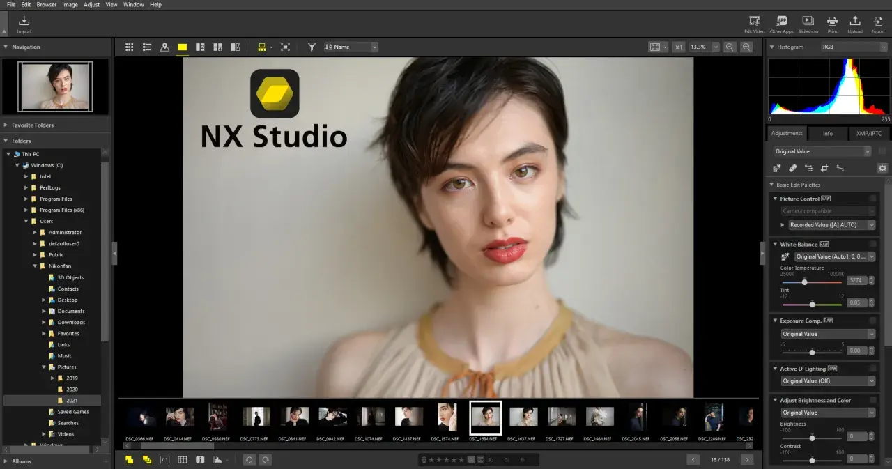 Portret kobiety w programie NX Studio po polsku. Widok folderów, podgląd zdjęcia i panele edycji.