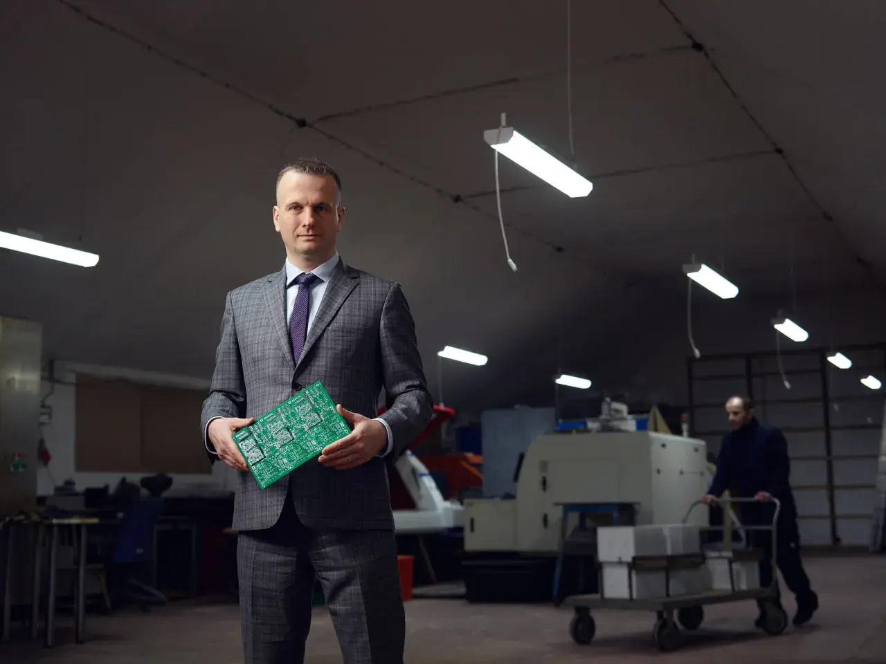 Portret mężczyzny w garniturze trzymającego płytkę drukowaną. Wizerunek inaczej ukazuje jego rolę w branży technologicznej.