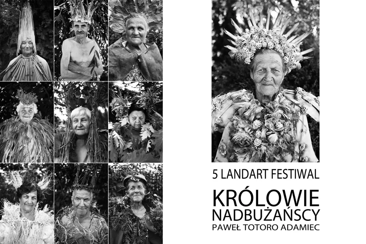 Portrety uczestników festiwalu Królowie Nadbużańscy, autorstwa Pawła Adamca. Ludzie w strojach z naturalnych materiałów.