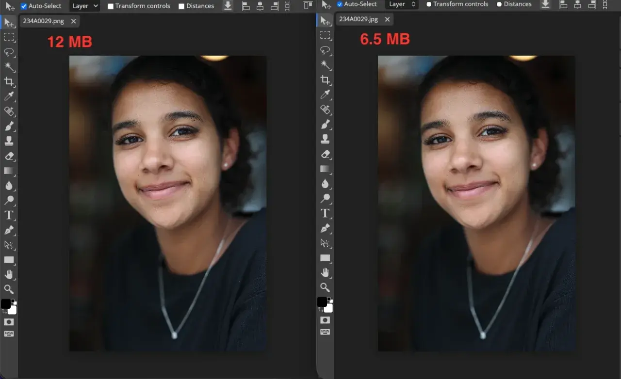 Portret wielokrotny młodej kobiety z uśmiechem, porównanie dwóch wersji zdjęcia: 12 MB i 6.5 MB.