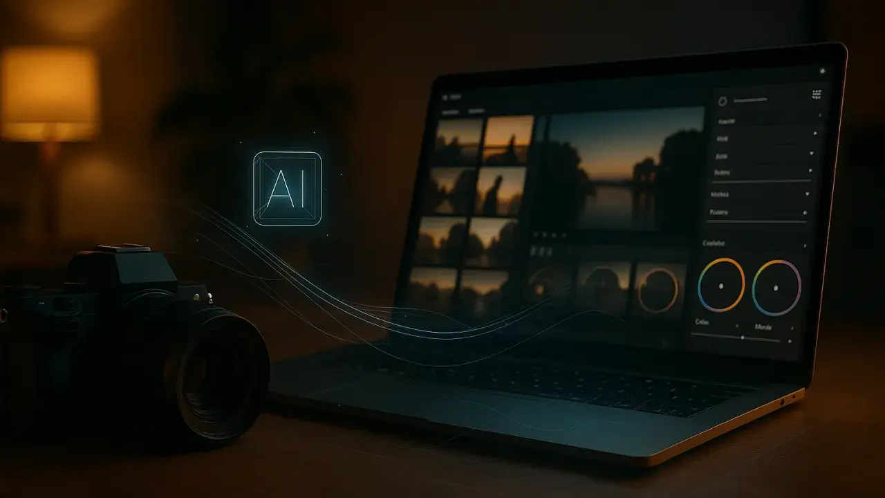 Jaki komputer do obróbki zdjęć? Laptop z programem graficznym, aparat i ikona AI sugerują nowoczesne narzędzia do edycji.