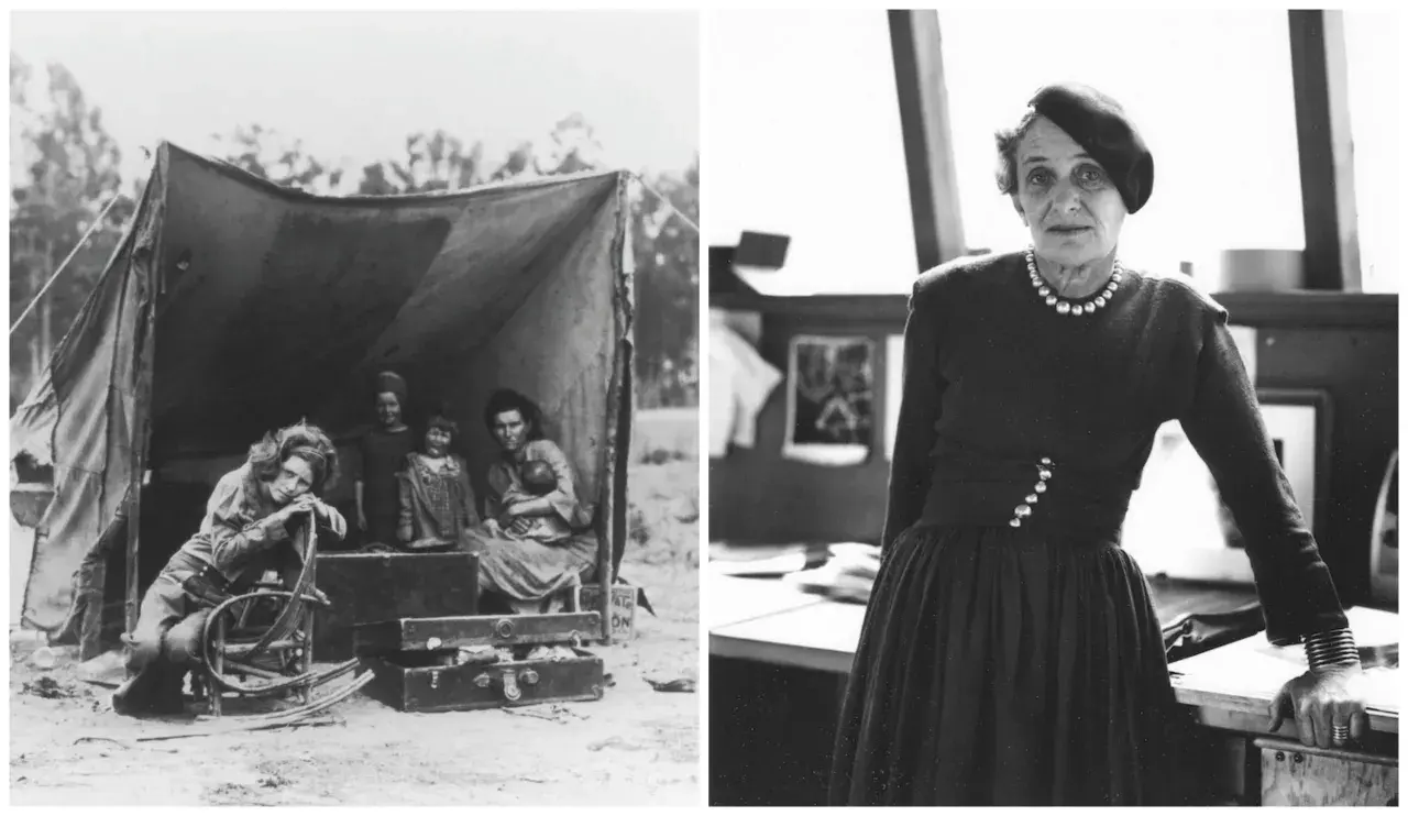 Dwie fotografie Dorothea Lange: z lewej rodzina pod namiotem, z prawej ona sama w eleganckiej sukni i beretce.