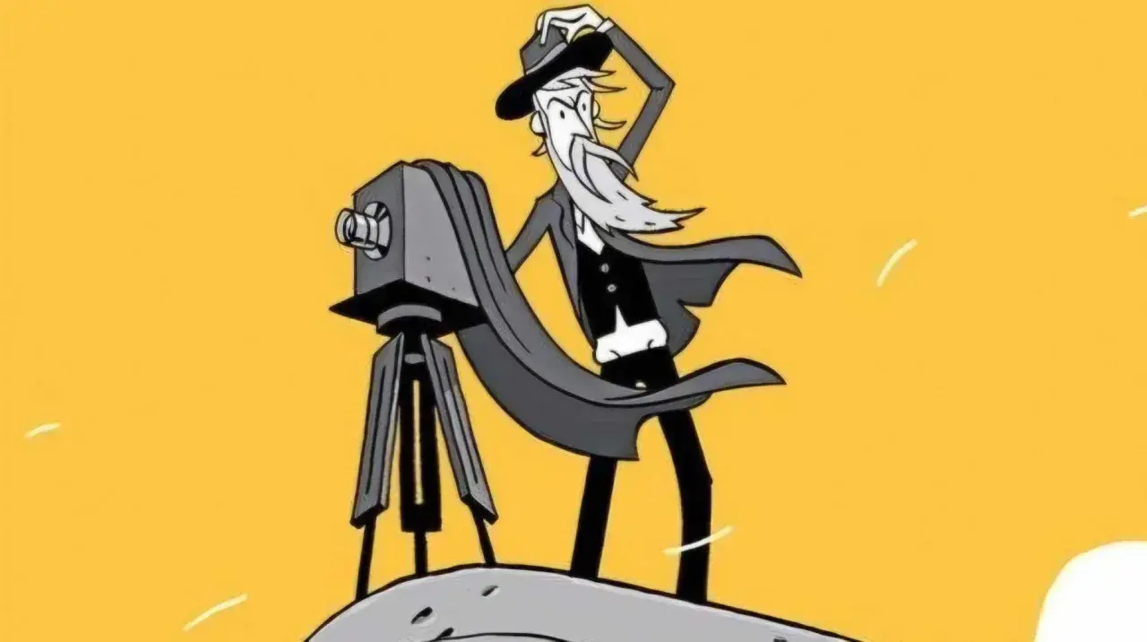 Eadweard Muybridge, z brodą i kapeluszem, z aparatem na statywie, uchwycił ruch.
