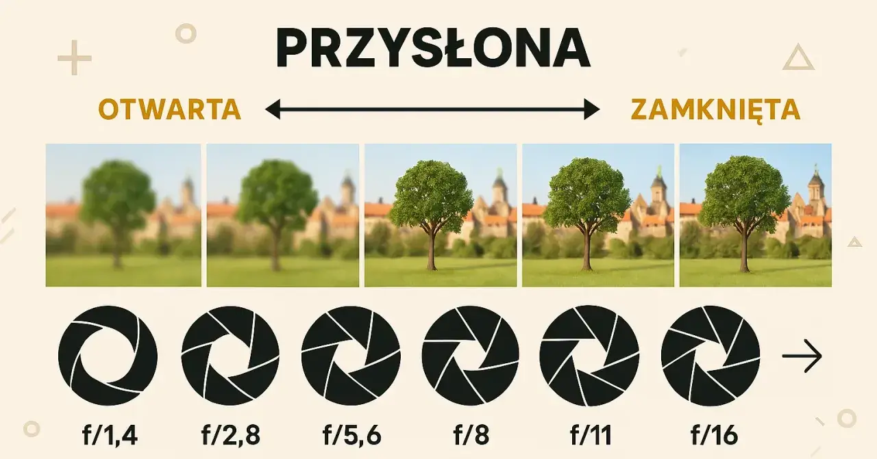 Ilustracja pokazuje, jak preselekcja przysłony wpływa na głębię ostrości. Od otwartej (f/1,4) do zamkniętej (f/16), tło staje się coraz bardziej ostre.