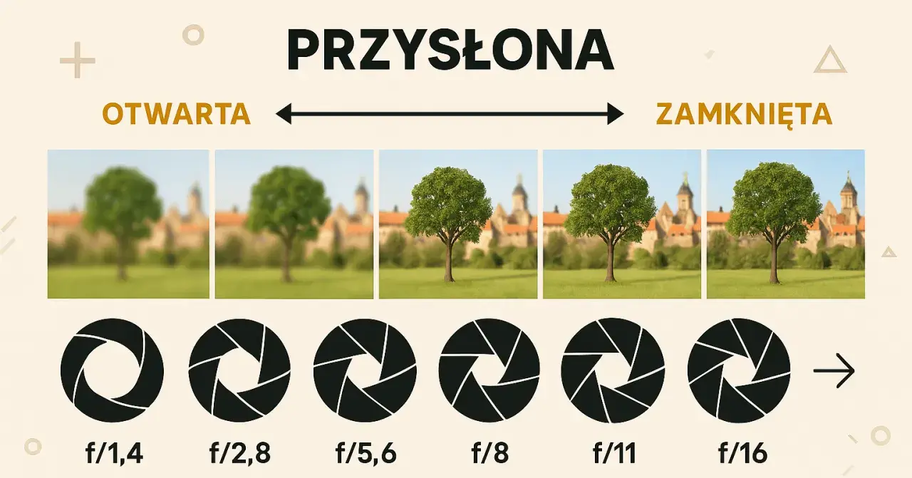Przysłona fotograficzna zmienia głębię ostrości. Od otwartej (f/1,4) do zamkniętej (f/16), z drzewem i zamkiem w tle.