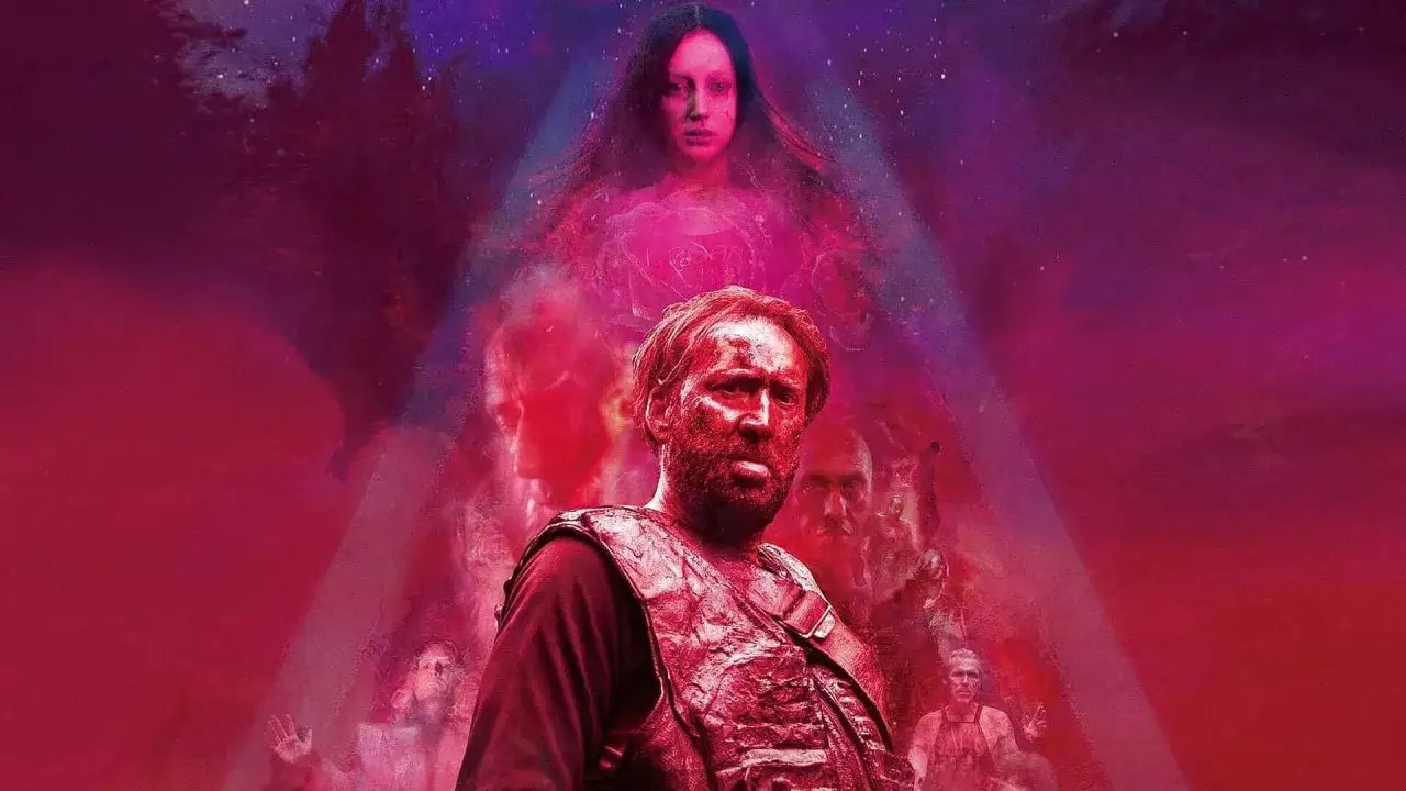 Mroczny plakat filmowy z Nicolasem Cage'em na pierwszym planie, otoczonym przez widmowe postacie i tajemniczą kobietę w tle. Klimat jak z dobrego ziarna filmowego.