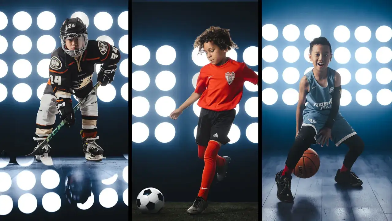 Trzech młodych sportowców: hokeista, piłkarz i koszykarz, w dynamicznej sesji fotografia sportowa.