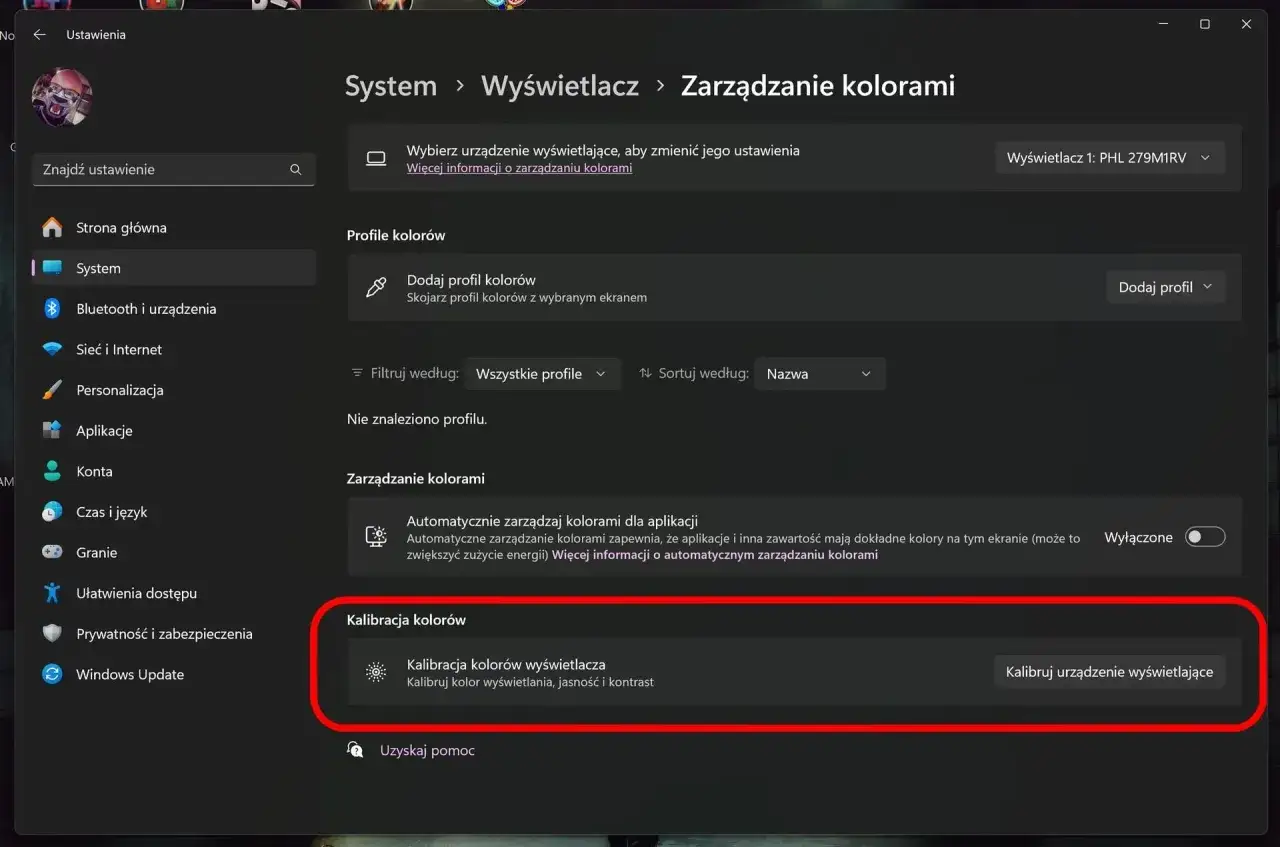 Ustawienia systemu Windows: Kalibracja kolorów wyświetlacza. Kliknij 