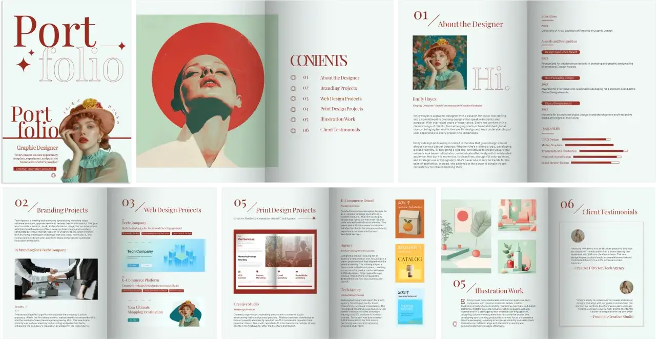 Port folio: Emily Hayes, graficzka, tworzy wizualne historie, projektuje marki, strony i ilustracje.