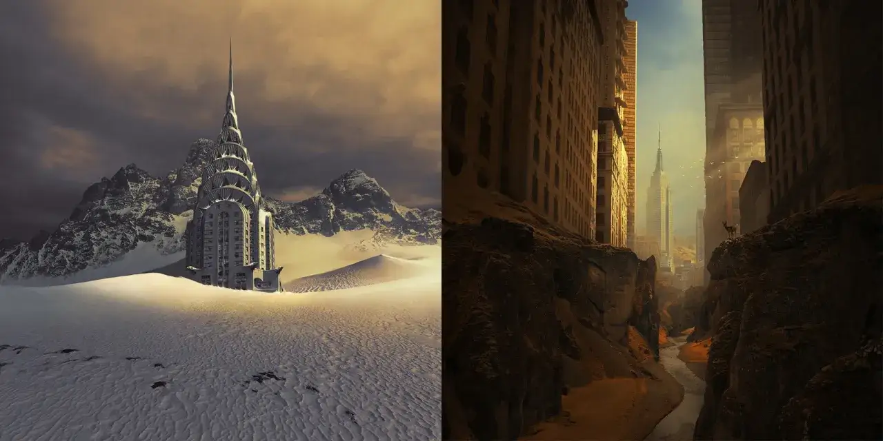 Dwie wizje świata Michała Karcz: Chrysler Building na śnieżnej pustyni i w zrujnowanym mieście, gdzie na skale stoi sarna.