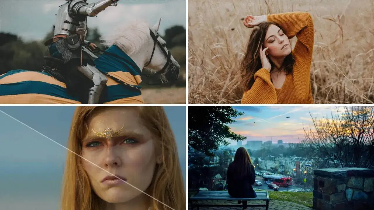Rycerz na koniu, kobieta w trawie, dziewczyna z ozdobą na czole i widok na miasto o zachodzie słońca. Wszystko jak z ziarna filmowego.
