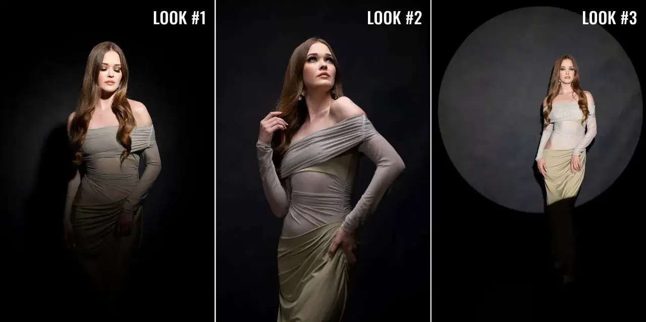 Trzy ujęcia kobiety w beżowej sukni. Fotografia inscenizowana z różnym oświetleniem.