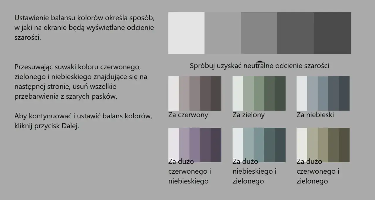 Jak skalibrować monitor: instrukcja z suwakami kolorów do uzyskania neutralnych odcieni szarości.