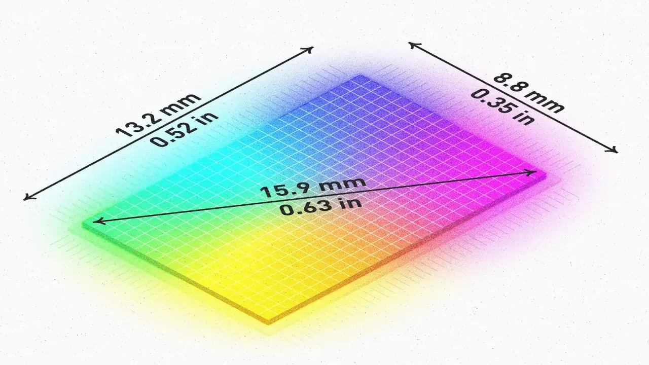 Kolorowa matryca 1 cala, z wymiarami 13.2 mm, 8.8 mm i 15.9 mm, przypomina tęczę na siatce.
