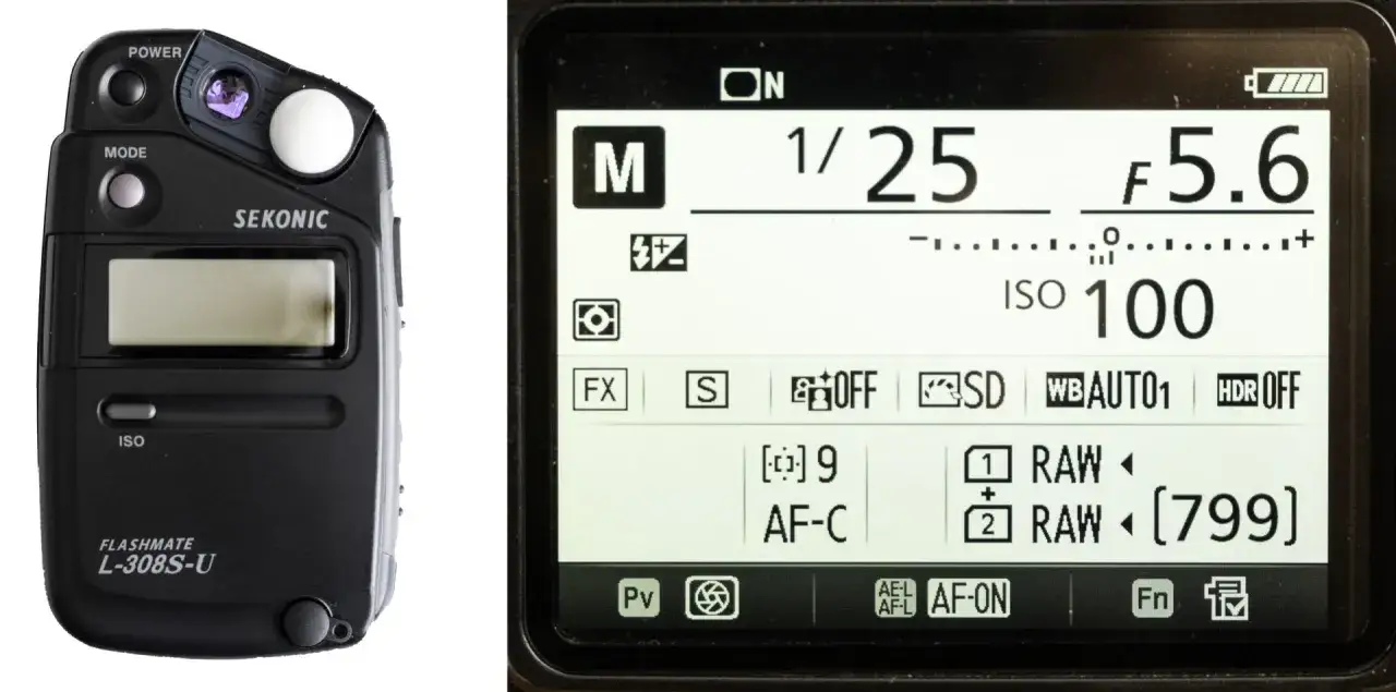 Sekonic Flashmate L-308S-U, urządzenie do pomiaru światła w aparacie, pokazuje ustawienia: 1/25s, f/5.6, ISO 100.
