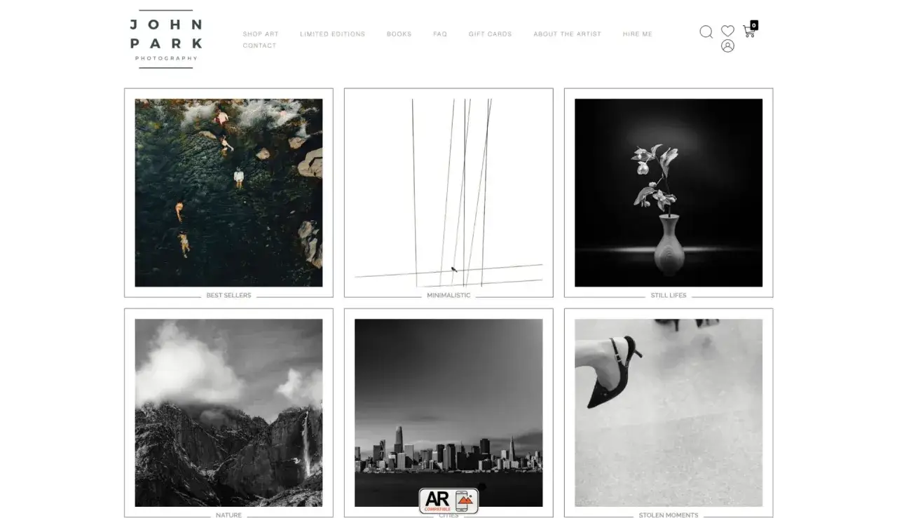Przykładowe portfolio fotografa: ludzie w wodzie, minimalistyczny ptak, kwiat w wazonie, wodospad, panorama miasta, elegancka stopa w bucie.