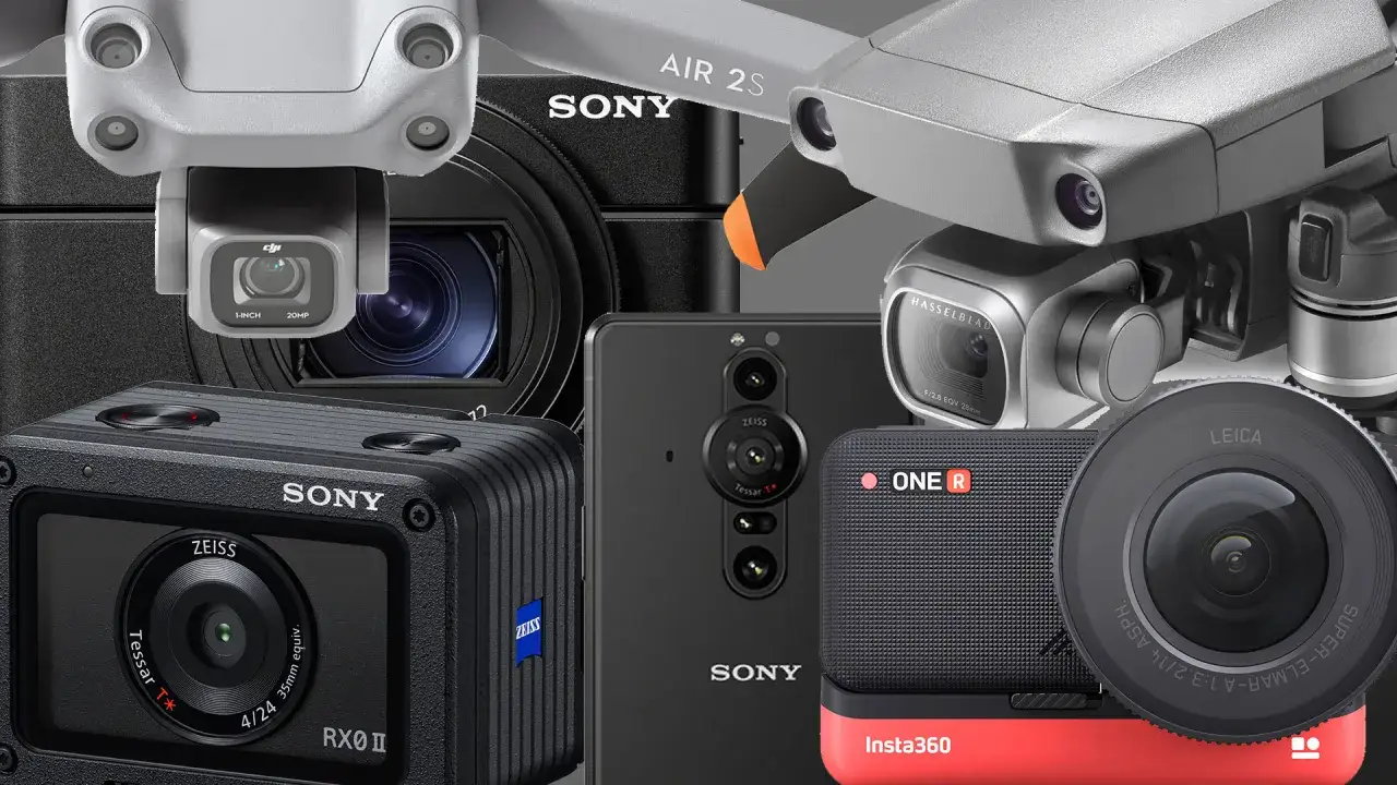 Kompilacja sprzętu foto-wideo: drony DJI, aparaty Sony z matrycą 1 cal, smartfon, kamera sportowa i obiektyw Leica.