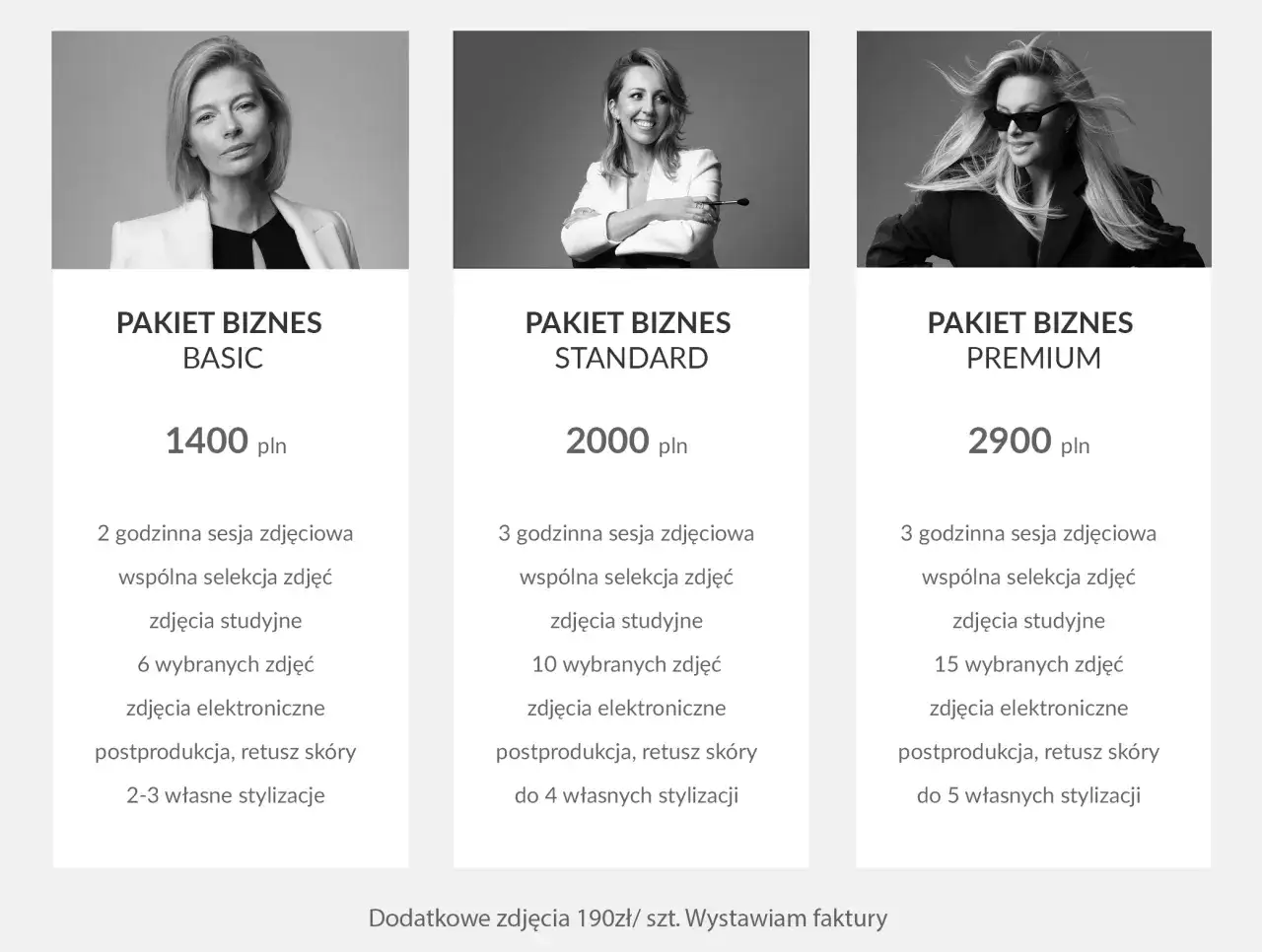 Cennik fotografa: pakiety Biznes Basic (1400 zł), Standard (2000 zł) i Premium (2900 zł) z różnymi sesjami i liczbą zdjęć.