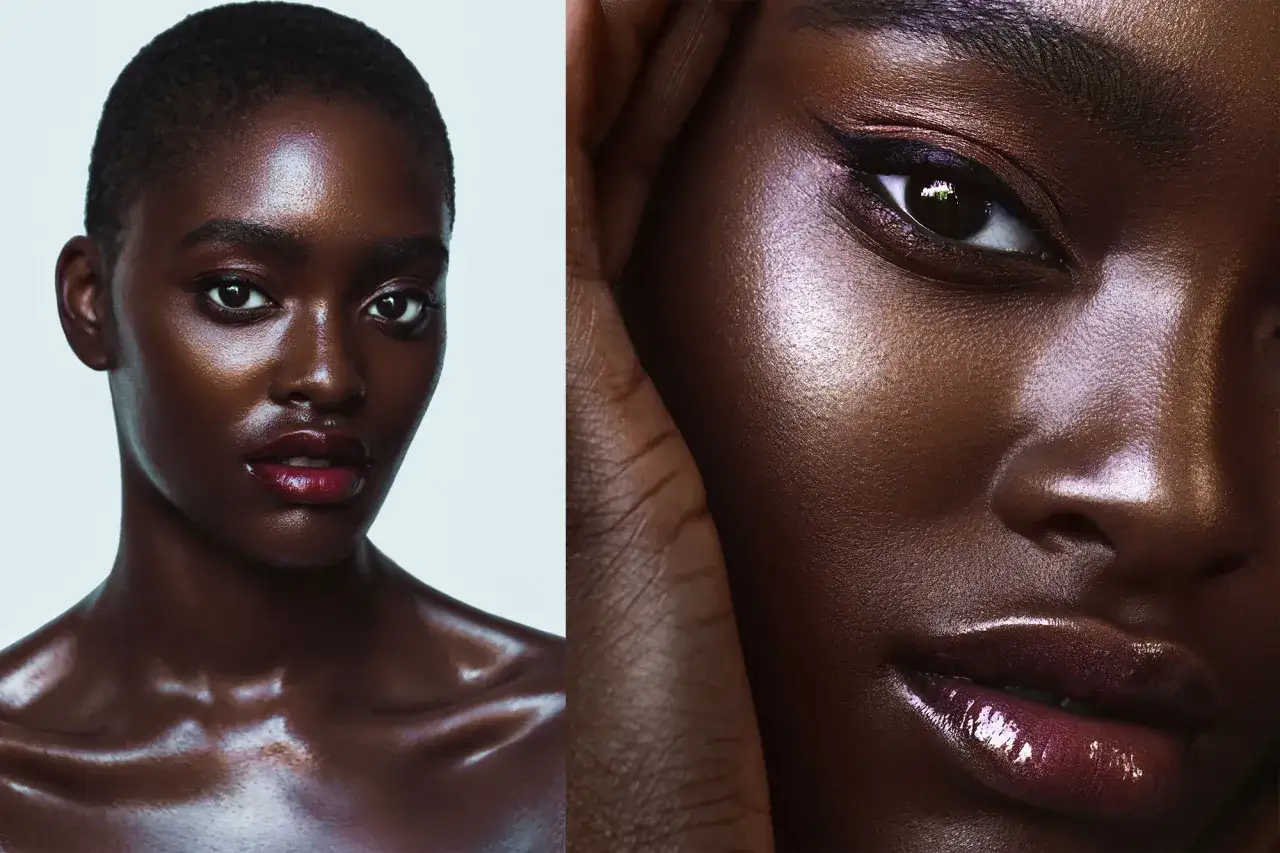 Piękna fotografia beauty. Skóra modelki lśni, podkreślona błyszczącymi ustami i makijażem oczu.