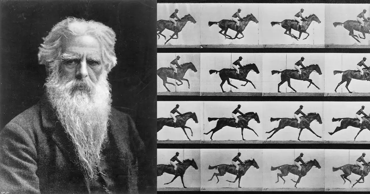 Portret Eadwearda Muybridge'a obok sekwencji zdjęć konia w galopie, ukazującej jego ruch.